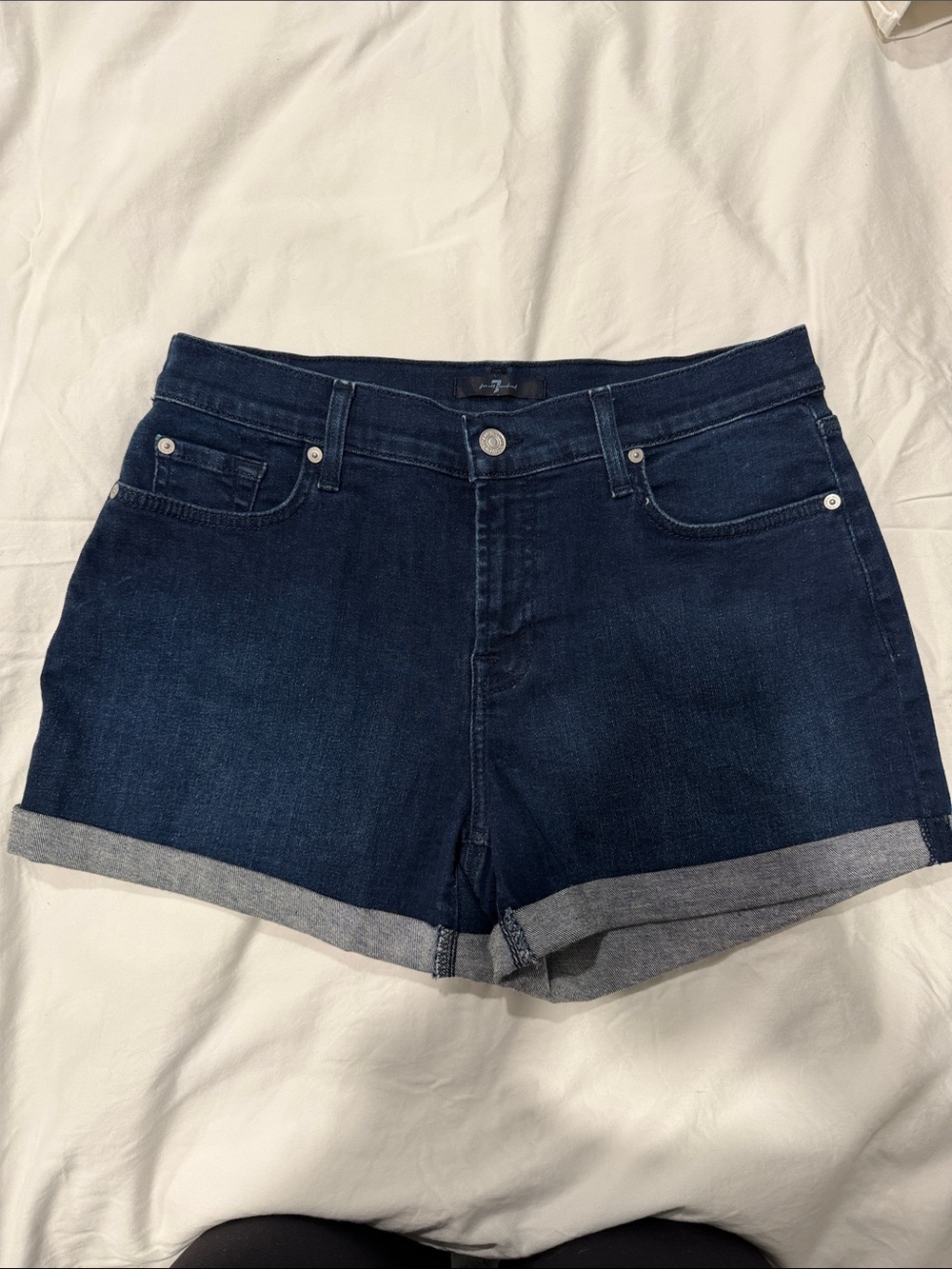 7 For All Mankind Dark Blue Denim Rolled Hem Shorts